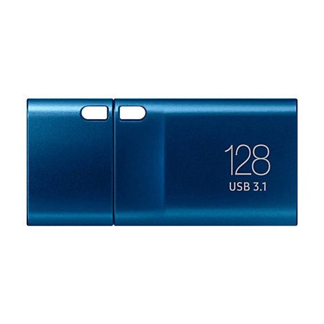 ClÃ© USB bleue avec 128 Go de mÃ©moire. Inscription : 128, USB 3.1. Avec deux ouvertures.