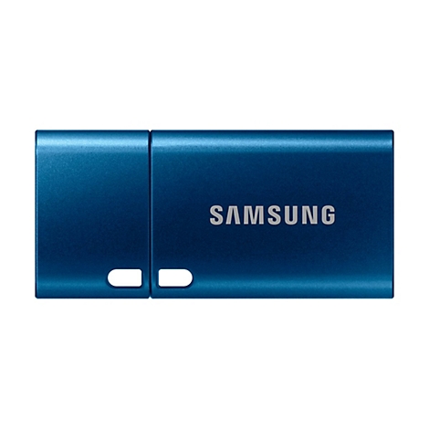 ClÃ© USB Samsung bleue. Le mot SAMSUNG est imprimÃ© au centre en gris clair.