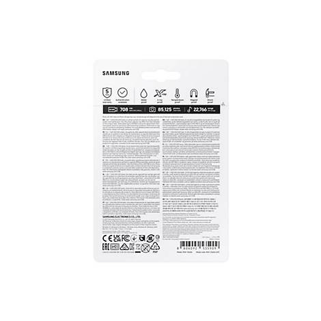 Dos d'un emballage Samsung. Informations en plusieurs langues, icÃ´nes de durabilitÃ© et de fonctionnalitÃ©s.