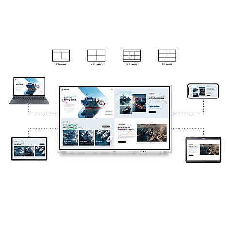 Großes Display im Zentrum verbunden mit Laptop, Tablet und Smartphone zur Multi-Screen-Darstellung.