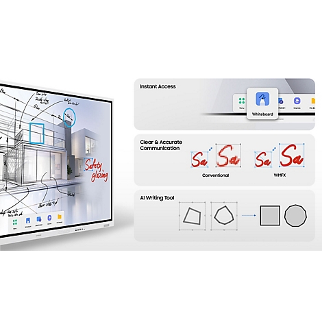 Ein Whiteboard-Display zeigt Architekturzeichnungen und Funktionen wie Whiteboard-Zugriff, klare Schrift und KI-Zeichentools.
