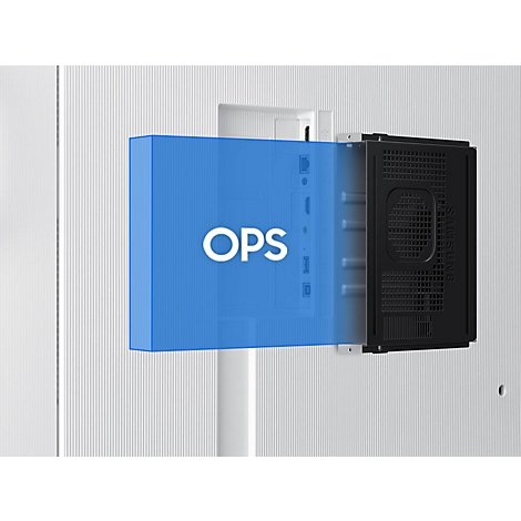 Ein schwarzer OPS-Einschubcomputer wird in einen weißen Monitor eingesetzt, visualisiert durch eine blaue Markierung.