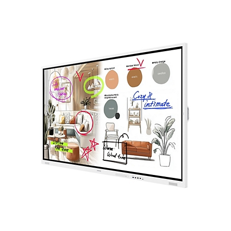 Digitales Whiteboard mit Innenarchitektur-Skizzen, Farbpaletten und handschriftlichen Notizen.