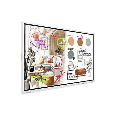 Digitales Whiteboard zeigt einen Entwurf für eine Innenarchitektur mit handgeschriebenen Notizen und Skizzen.