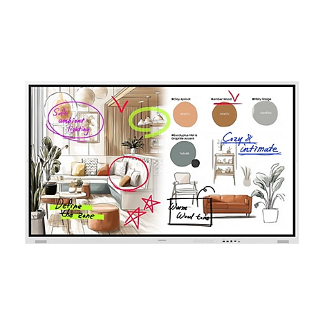 Digitales Display zeigt ein Interior-Design-Moodboard mit Skizzen, Farbpaletten und handschriftlichen Notizen.