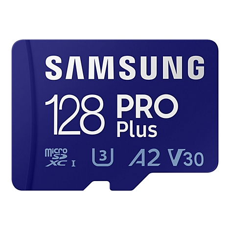 Dunkelblaue Speicherkarte mit weiÃŸer Schrift. SAMSUNG 128 PRO Plus und weitere Symbole sind zu sehen.