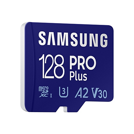 Blaue Samsung MicroSD-Karte mit weiÃŸer Schrift: 128 PRO Plus. Darunter das MicroSDXC Logo, U3, A2 V30.