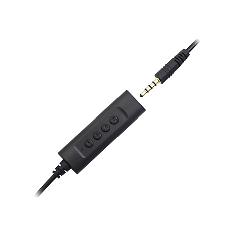 Nahaufnahme eines schwarzen Audiokabels mit Bedienfeld und Klinkenstecker, der sich ablöst.