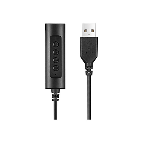 Ein schwarzes USB-Kabel mit Anschluss an einen länglichen schwarzen Zylinder mit Knöpfen.