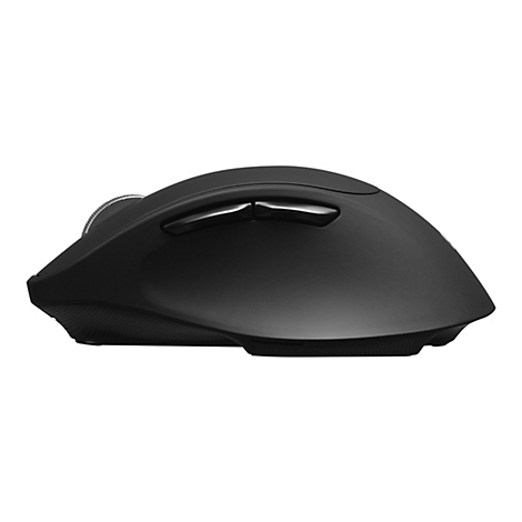 Souris d'ordinateur noire, vue latérale. Deux boutons, molette de défilement et forme ergonomique.