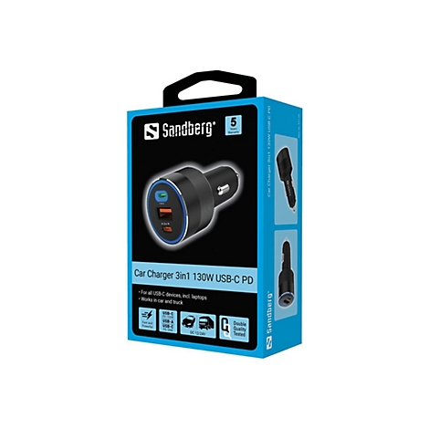 Sandberg 3-in-1 USB-C Auto-Ladegerät mit 130W Leistung in der blauen Verkaufsverpackung.