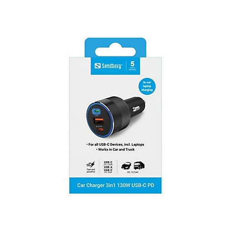 Sandberg 3-in-1 Autoladegerät mit 130W USB-C PD in der Produktverpackung.