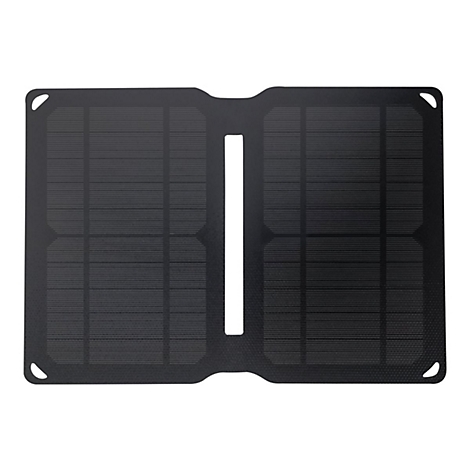 Schwarzes Solarpanel mit rechteckiger Form. Das Panel hat Linien und eine Aussparung in der Mitte.