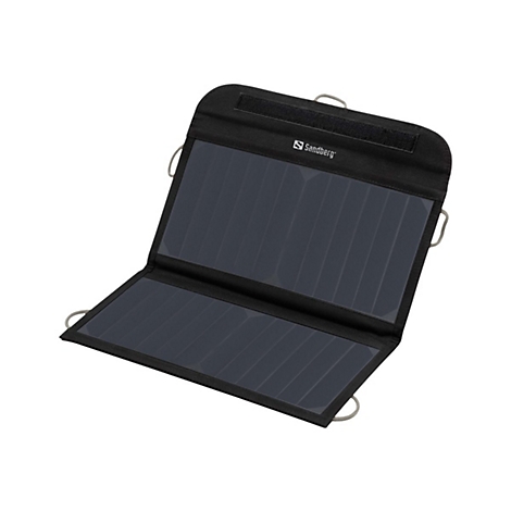 Ausgeklapptes schwarzes Solarpanel mit grauen Schlaufen und dem Sandberg Logo.