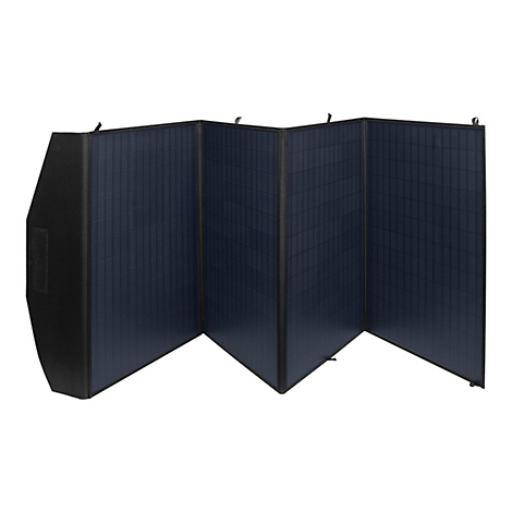 Faltbares Solarpanel in Blau-Schwarz, mit mehreren Paneelen. Schwarzer Rahmen und Aufhänger.