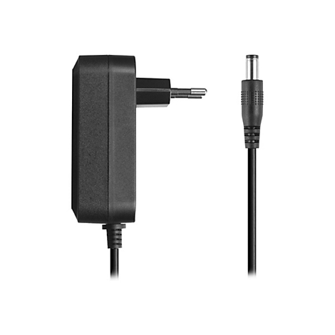 Schwarzes Netzteil mit Eurostecker und Kabel auf weißem Hintergrund.