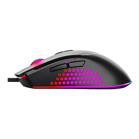Schwarze Gaming-Maus mit RGB-Beleuchtung. Rotes und pinkes Lichtmuster an der Seite und am Rand. Scrollrad und Zusatztasten vorhanden.
