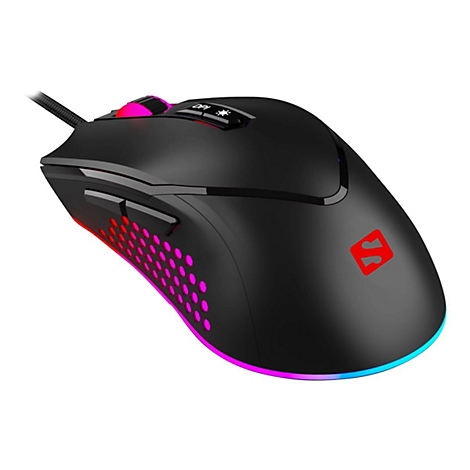 Schwarze Gaming-Maus mit LED-Beleuchtung. Seitentasten, DPI-Taste, Logo und Kabel sichtbar.