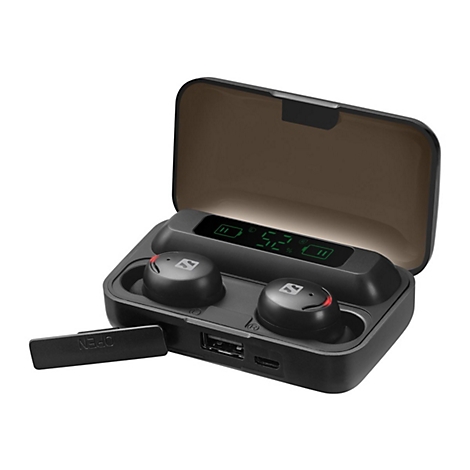 Étui de chargement noir pour écouteurs sans fil avec couvercle ouvert, écouteurs dans l'étui. Affichage de la batterie à 52 %.