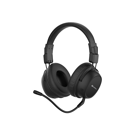 Schwarzes Over-Ear-Headset von Sandberg mit Mikrofonarm vor weißem Hintergrund.