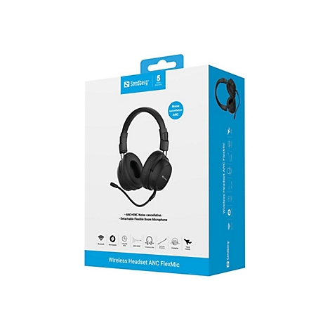 Verpackung des schwarzen Sandberg Wireless Headsets mit ANC FlexMic auf weiß-blauem Karton.