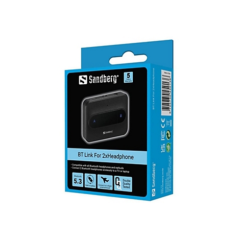 Produktverpackung für Sandberg BT Link für zwei Kopfhörer mit Bluetooth 5.3 Symbol.