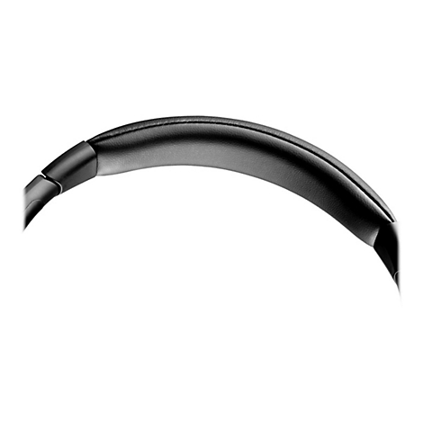 Detailaufnahme des oberen Teils eines schwarzen Kopfhörers. Das gepolsterte Kopfband ist aus schwarzem Leder.