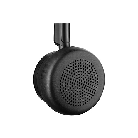 Nahaufnahme eines schwarzen Kopfhörer-Ohrpolsters mit perforierter Oberfläche.