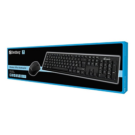 Drahtloses Office-Desktopset, bestehend aus Maus und Tastatur, auf einer Verpackung mit Sandberg-Logo.