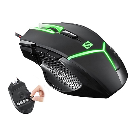 Schwarze Gaming-Maus mit grÃ¼ner Beleuchtung, Designelementen und abnehmbarem Gewichtssystem.