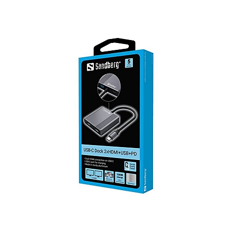 Verpackung einer USB-C Dockingstation. Die Dockingstation ist auf der Verpackung abgebildet.