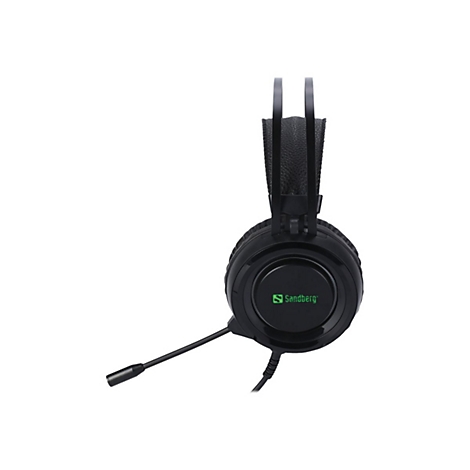 Schwarzes Gaming-Headset mit Mikrofon, Sandberg-Logo. Das Headset hÃ¤ngt vor weiÃŸem Hintergrund.