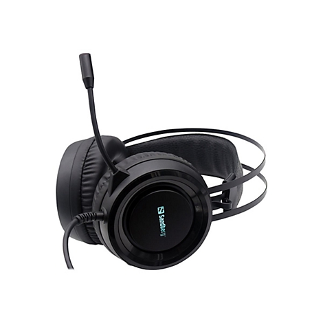 Schwarzes Gaming-Headset mit Mikrofon, Sandberg-Logo sichtbar. Kabelanschluss an der linken Ohrmuschel.