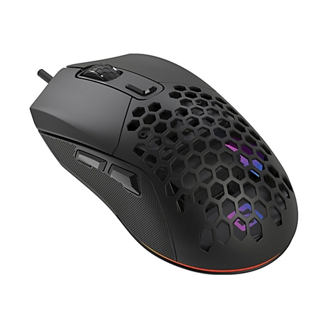 Schwarze Gaming-Maus mit Wabenmuster-Gehäuse und RGB-Beleuchtung vor weißem Hintergrund.
