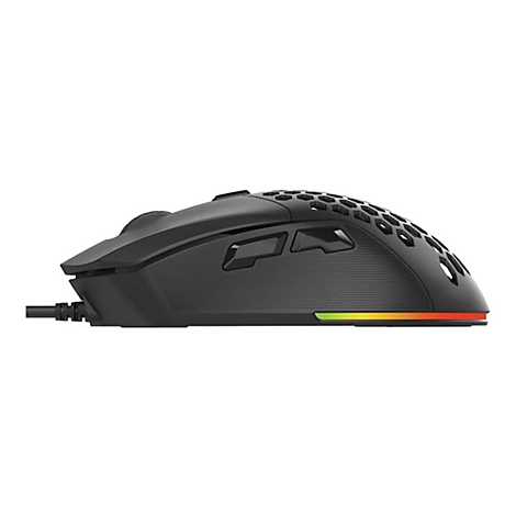 Schwarze Gaming-Maus mit Wabenmuster und RGB-Leuchtstreifen in der Seitenansicht.