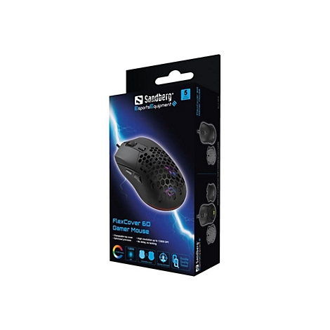 Produktverpackung der schwarzen Sandberg FlexCover 6D Gaming-Maus mit Wabenmuster und RGB-Beleuchtung.