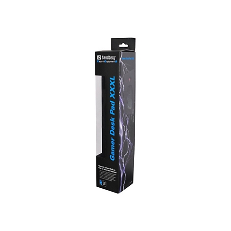 Schwarze Verpackung fÃ¼r ein Gamer Desk Pad, Aufschrift 'Gamer Desk Pad XXXL'. Gewittermuster und Logo.