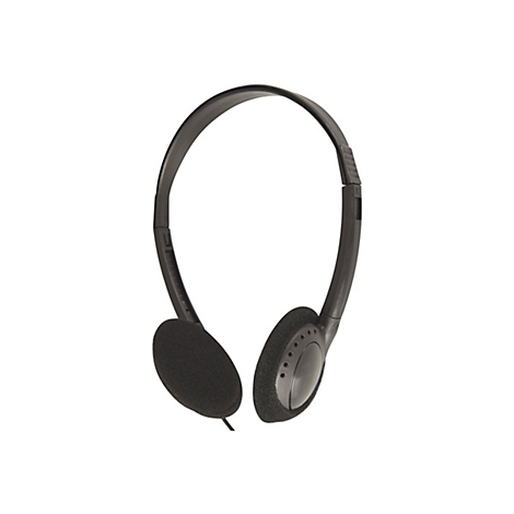 Schwarzer Kopfhörer auf weißem Hintergrund, Ohrmuscheln aus Stoff, Bügel aus Kunststoff.