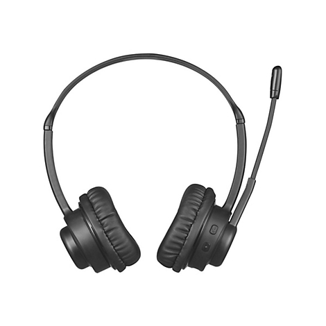 Schwarzes On-Ear-Headset mit verstellbarem Bügel und Mikrofonarm vor weißem Hintergrund.