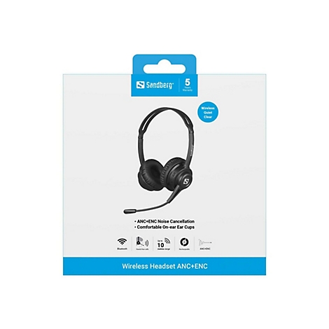 Sandberg Wireless Headset mit Mikrofonarm und Noise-Cancelling in Produktverpackung.