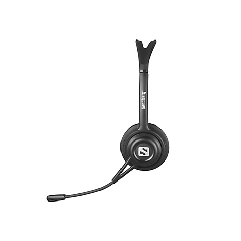 Schwarzes Ein-Ohr-Headset von Sandberg mit verstellbarem Mikrofonarm vor weißem Hintergrund.