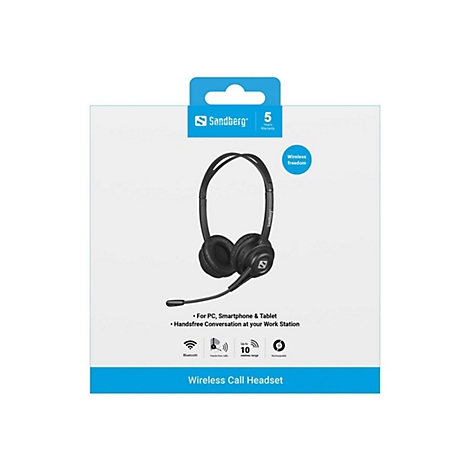 Schwarzes drahtloses Sandberg Headset in Produktverpackung mit Produktmerkmalen.