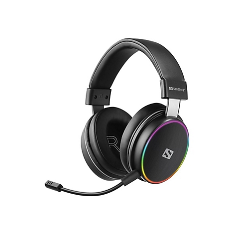 Schwarzes Gaming-Headset mit farbiger LED-Beleuchtung und Mikrofon, vor weißem Hintergrund. Das Sandberg-Logo ist sichtbar.
