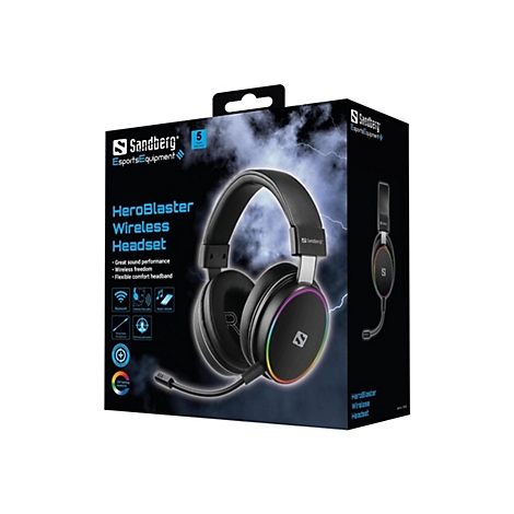 Verpackung des schwarzen Sandberg HeroBlaster Wireless Headsets mit RGB-Beleuchtung und Gaming-Logo.