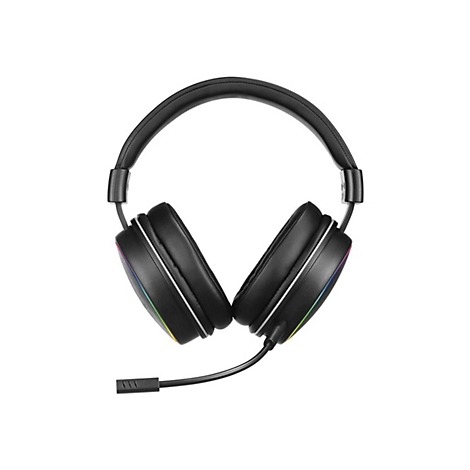 Schwarzes Gaming-Headset mit Ohrpolstern und flexiblem Mikrofon vor weißem Hintergrund.