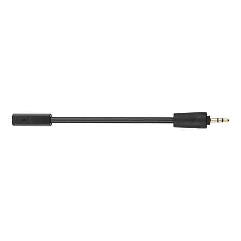 Schwarzes Audiokabel mit 3,5-mm-Klinkenstecker vor weißem Hintergrund.