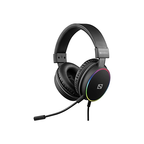 Schwarzes Gaming-Headset mit farbiger Beleuchtung, Mikrofon und Sandberg-Logo auf weißem Hintergrund.