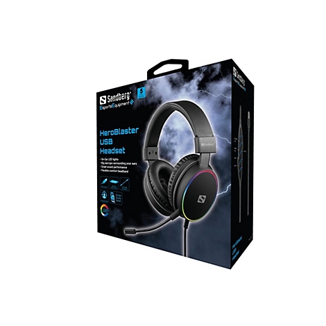 Schwarzes Gaming-Headset in Verpackung, Text: HeroBlaster USB Headset.
