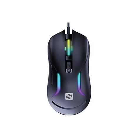 Schwarze Gaming-Maus mit farbiger Beleuchtung, DPI-Knopf und Kabel.