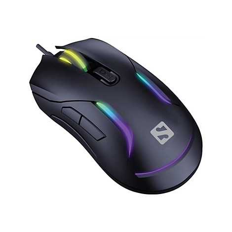 Schwarze Gaming-Maus mit RGB-Beleuchtung und DPI-Taste. Sichtbar ist das Logo und ein Kabel.